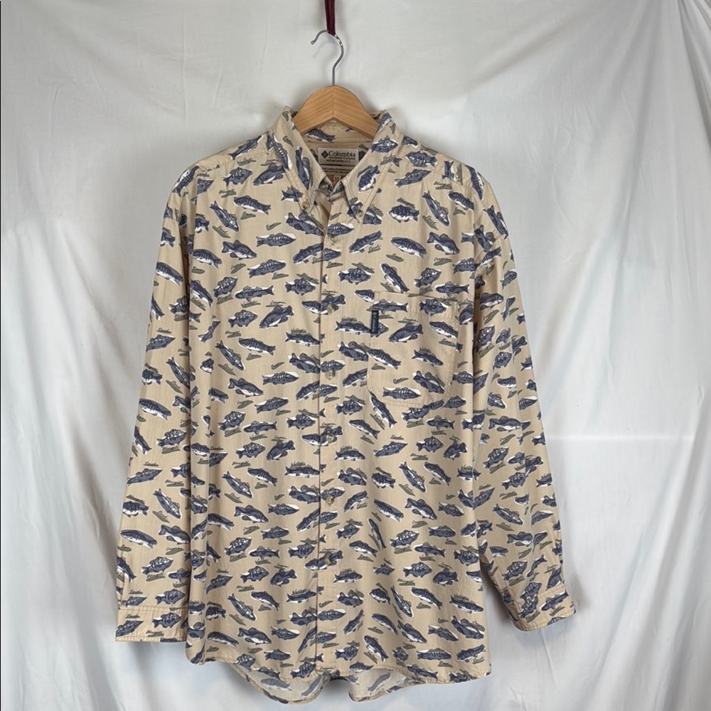 Men's Columbia Sportswear Long-Sleeved Collared Button Up Shirt Fish Print XL
